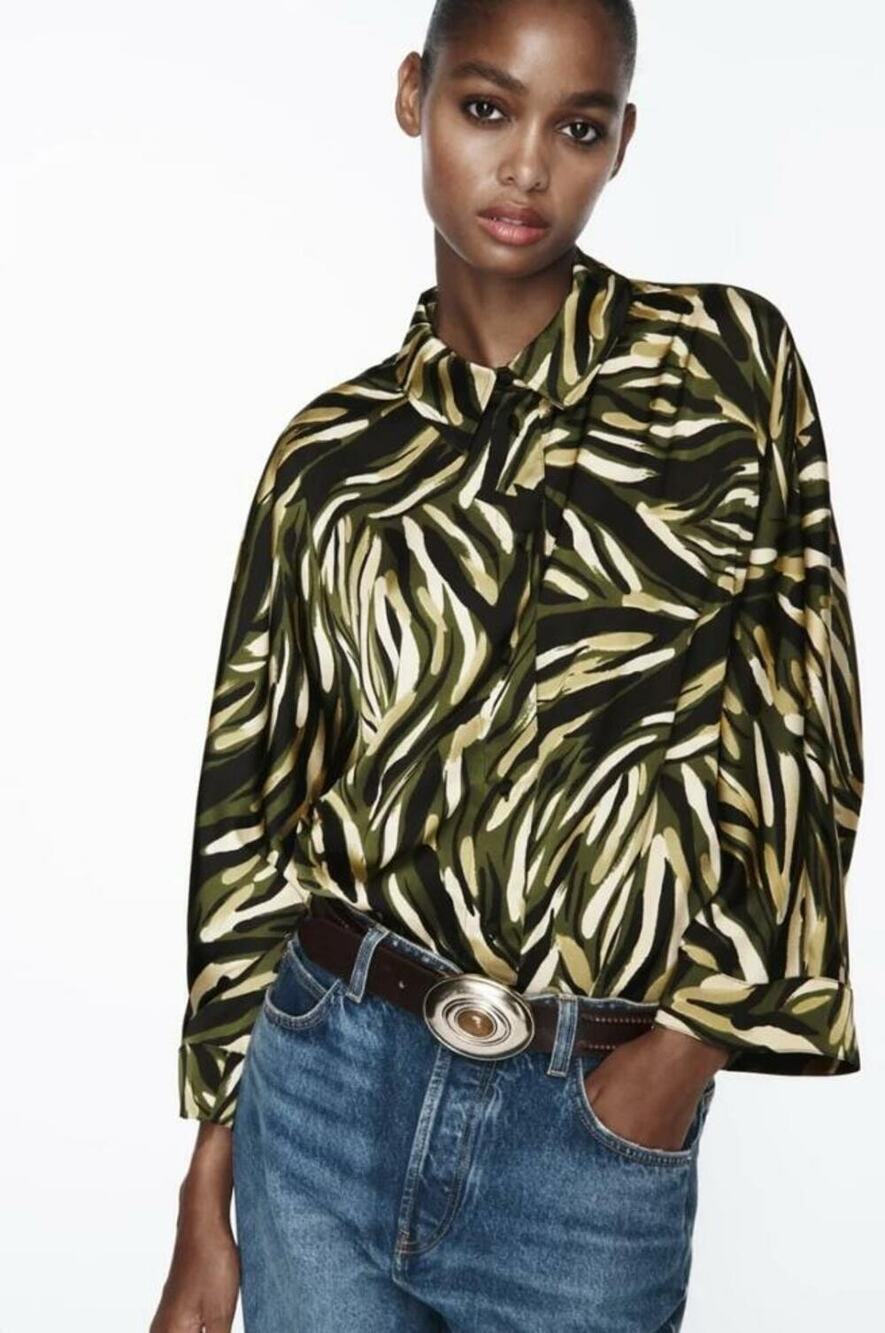 Zara Women's Camo Colored Animal Print Long Sleeve Satin Blouse Size S